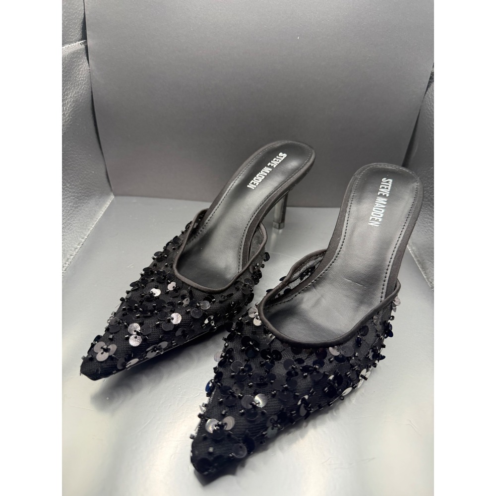 Steve Madden Alexi Black Sequin Mesh Pointed Toe Mules Heels 5.5M